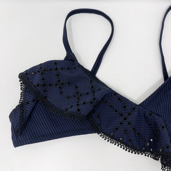 Jonathan Simkhai Striped Ruffle Bikini Set Navy Black Medium Top Small Bottom - Picture 5 of 12